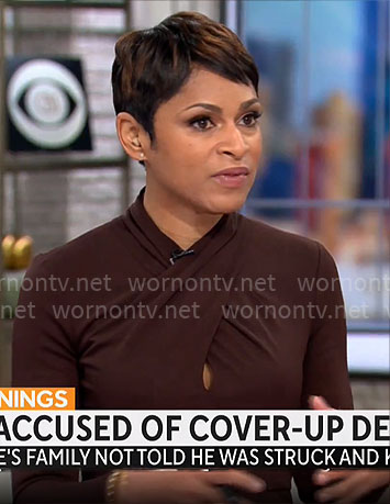 Jericka Duncan’s brown crossed neck dress on CBS Mornings