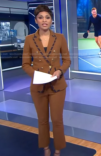 Jericka's brown striped piping blazer and pants on CBS Evening News