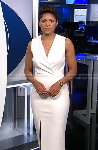 Jericka's white sleeveless surplice dress on CBS Evening News