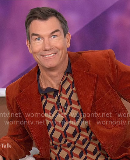 Jerry's geometric polo shirt and corduroy suit on The Talk