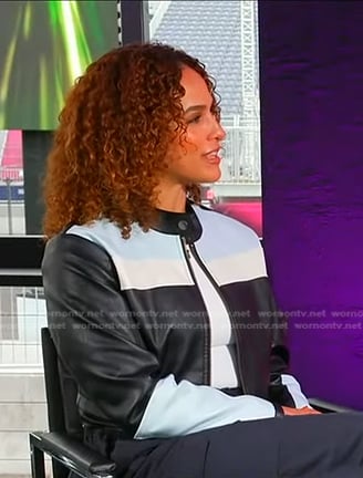 Jessica Sims’s black colorblock leather jacket on Good Morning America