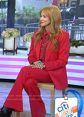 Jewel’s red eye print blouse and suit on Today