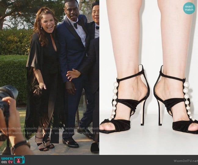 Jimmy Choo Aura pearl-embellished 95mm sandals worn by Sara Castillo (Lindsay Mendez) on All Rise