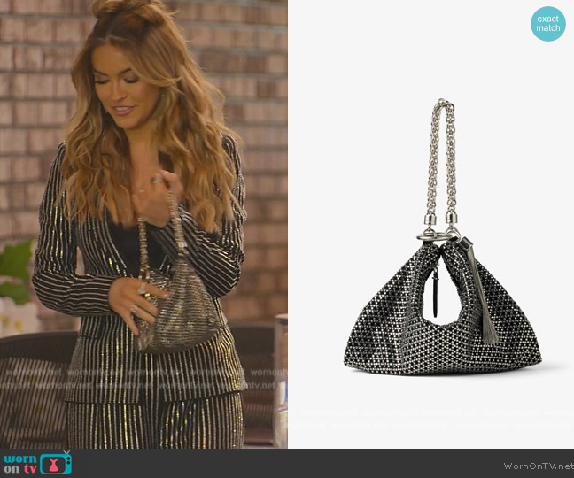 Callie Black Diamond Motif Crystal Hotfix on Suede Bag by Jimmy Choo worn by Chrishell Stause on Selling Sunset