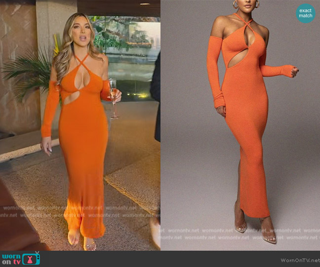 JLux Label Orange Soledad Cross Maxi Dress worn by Alex Hall on Selling Sunset