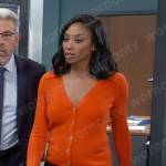 Jordan’s orange v-neck cardigan on General Hospital