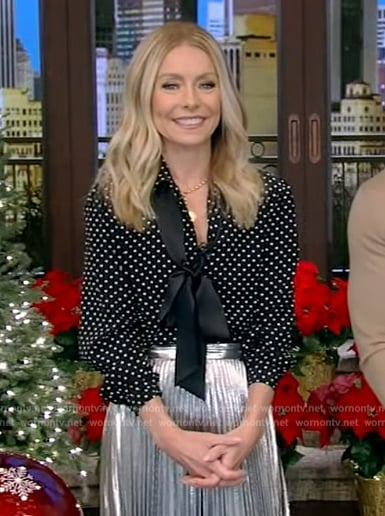 Kelly’s black polka dot print blouse on Live with Kelly and Mark