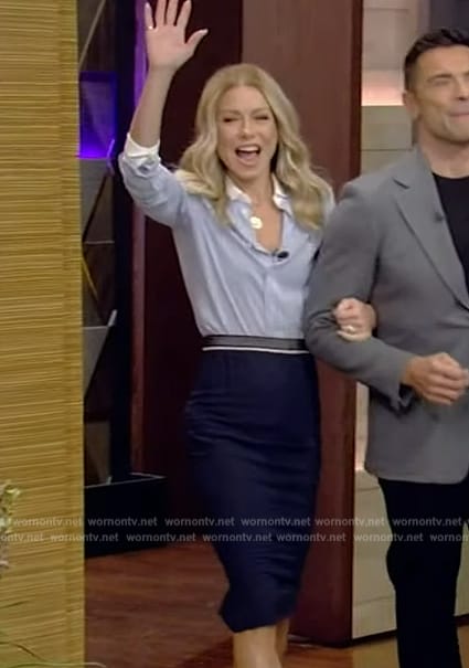 Kelly’s navy skirt and striped blouse on Live with Kelly and Mark