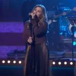 Kelly’s brown pleated mixed media dress on The Kelly Clarkson Show