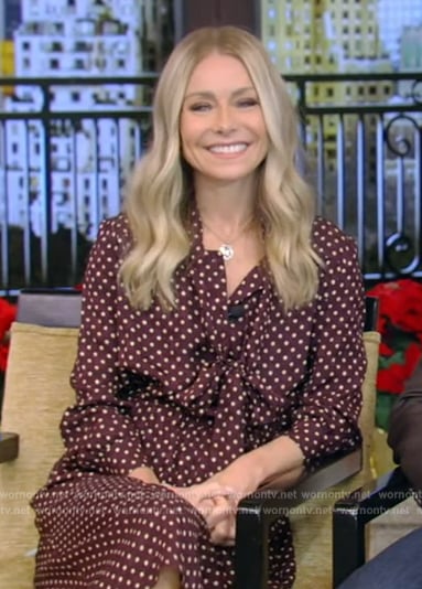 Kelly’s burgundy polka dot tie neck dress on Live with Kelly and Mark