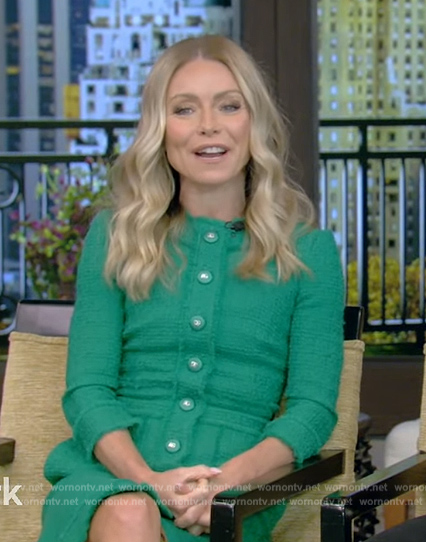 Kelly's green tweed button dress on Live with Kelly and Mark
