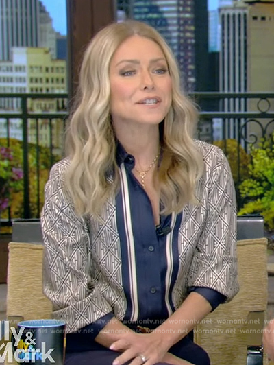 Kelly's printed blouse with center stripe on Live with Kelly and Ryan