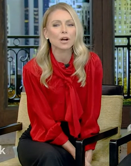 Kelly's red tie neck blouse on Live with Kelly and Mark