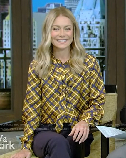 Kelly’s plaid tie neck blouse on Live with Kelly and Mark