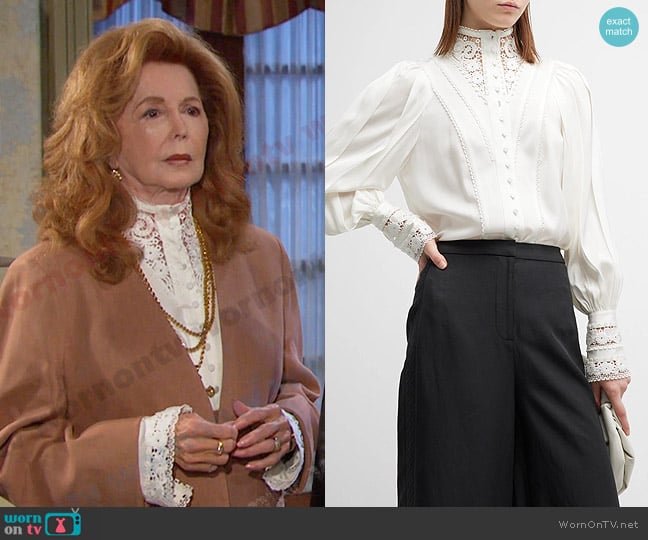 Kobi Halperin Saff Pleated Bishop-Sleeve Lace-Trim Blouse worn by Maggie Horton (Suzanne Rogers) on Days of our Lives