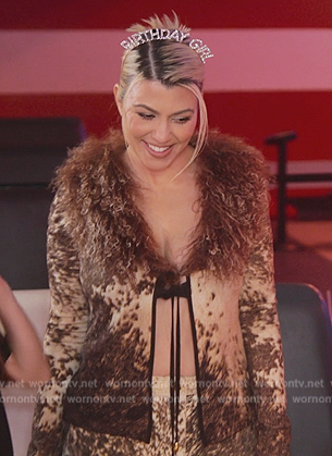 Kourtney's horse print feather trim cardigan and skirt on The Kardashians