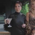 Kris’s black feather trim satin dress on The Kardashians