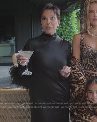 Kris's black feather trim satin dress on The Kardashians