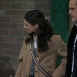 Kristina’s long camel shirt jacket on General Hospital