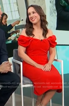 Lacey Chabert’s red off shoulder dress on Access Hollywood