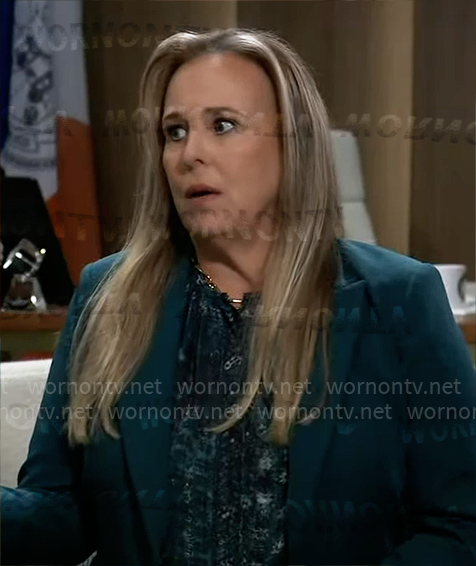 Laura's blue printed blouse on General Hospital