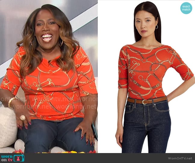 LAUREN Ralph Lauren Belting-Print Cotton Boatneck Tee worn by Sheryl Underwood on The Talk