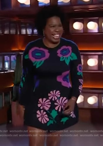 Leslie Jones's black floral mini sweater dress on The Kelly Clarkson Show