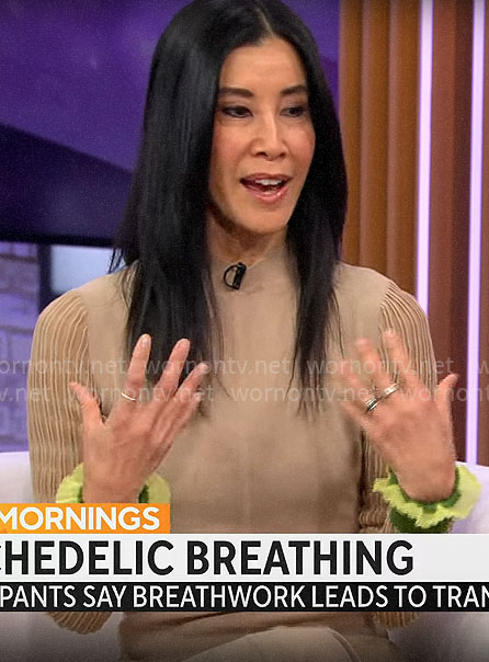 Lisa Ling's beige dress with green trims on CBS Mornings