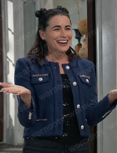 Lois’s blue tweed jacket with chain detail for Thanksgiving on General Hospital