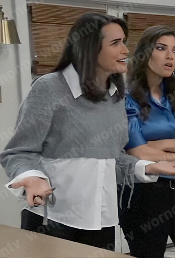 Lois's grey cropped cable-knit sweater and white shirt on General Hospital