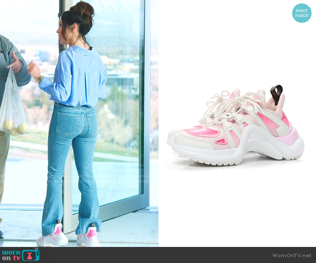 Louis Vuitton Calfskin Technical Nylon LV Archlight Sneaker in White/Pink worn by Angie Katsanevas on The Real Housewives of Salt Lake City