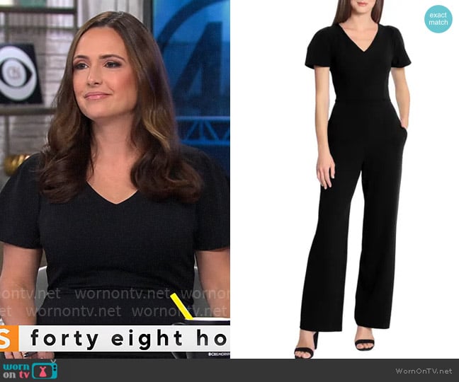 Maggy London Short Sleeve Crepe Jumpsuit in Black worn by Nikki Battiste on CBS Mornings