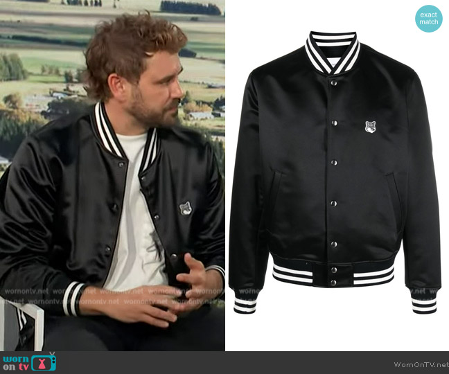 Maison Kitsune Satin-finish bomber jacket worn by Nick Viall on Access Hollywood