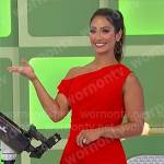 Manuela’s red one-shoulder asymmetric midi dress on The Price is Right