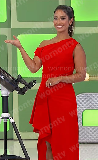 Manuela's red one-shoulder asymmetric midi dress on The Price is Right