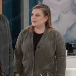 Maxie’s olive v-neck cardigan with front pockets on General Hospital