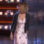 Meg Ryan’s lavender floral print satin dress on The Kelly Clarkson Show