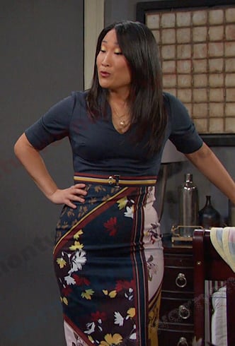 Melinda's navy floral contrast dress on Days of our Lives