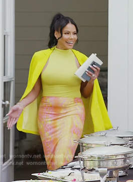 Mia's yellow bodysuit and orange printed skirt on The Real Housewives of Potomac