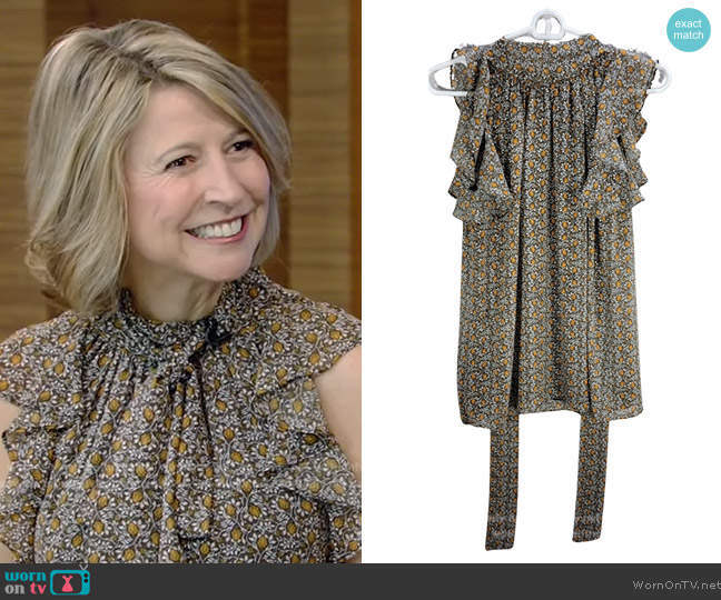 Michael Kors Ruffle Floral Tie Neck Top worn by Samantha Brown on Live with Kelly and Mark