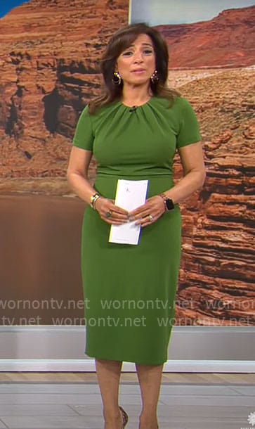 Michelle Miller’s green short sleeve sheath dress on CBS Mornings