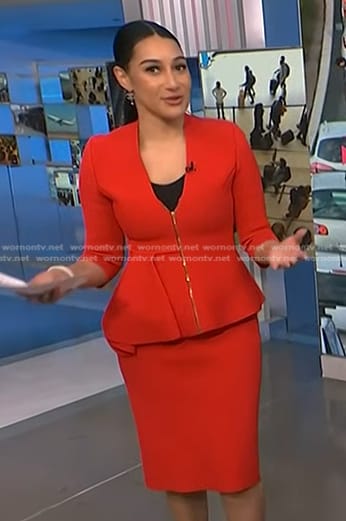 Morgan’s red peplum jacket and skirt on NBC News Daily