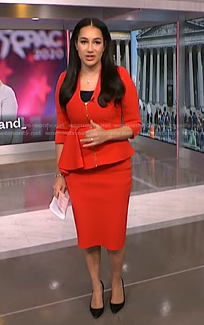 Morgan’s red peplum jacket and skirt on NBC News Daily