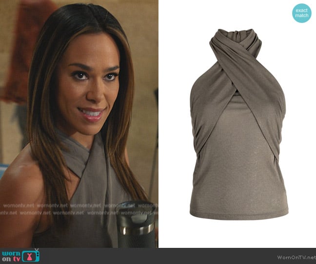 Emily’s gray cross neck top on All Rise