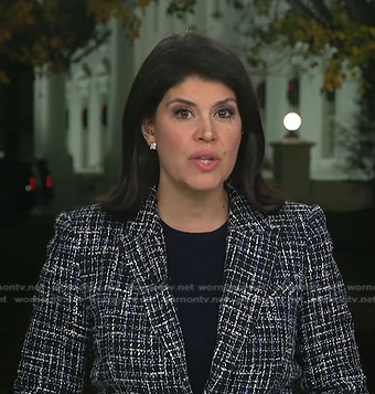 Natalie Brand’s navy tweed blazer on CBS Evening News