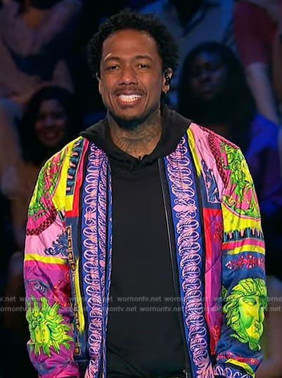 Nick Cannon's multicolored print quilted jacket on Beat Shazam