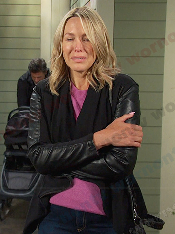 Nicole's black leather-sleeve draped jacket on Days of our Lives