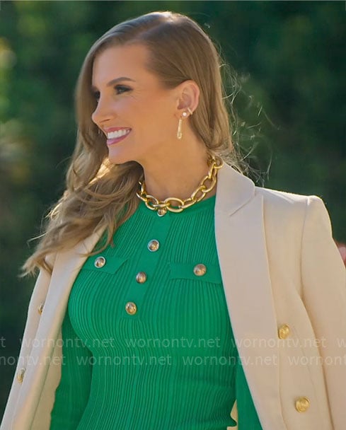 Nicole's green rib knit dress with gold buttons on Selling Sunset