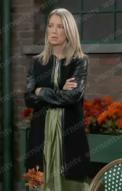 Nina's black coat with leather sleeves on General Hospital