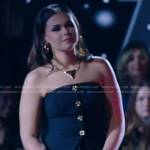 Olivia Minogue’s black strapless button front top on The Voice